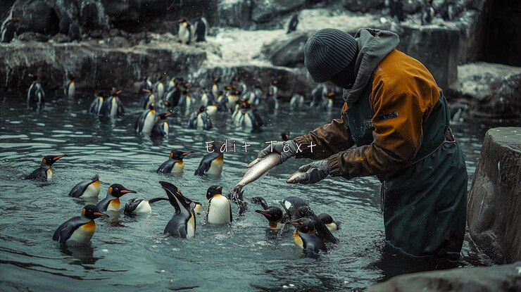 PSD el cuidador del zoológico alimenta a los pingüinos rey en una piscina