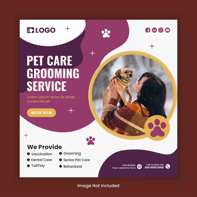 Cuidados com animais de estimação amp Serviço de Grooming Mídia Social Design de postagem ou loja de animais Instagram Banner modelo de praça
