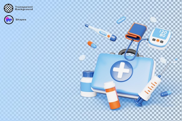 Cuidados médicos de emergência bandeira 3D ícone de equipamento médico saco de primeiros socorros remédio tonometro termômetro seringa garrafa de comprimido em fundo azul render serviço de ambulância saúde