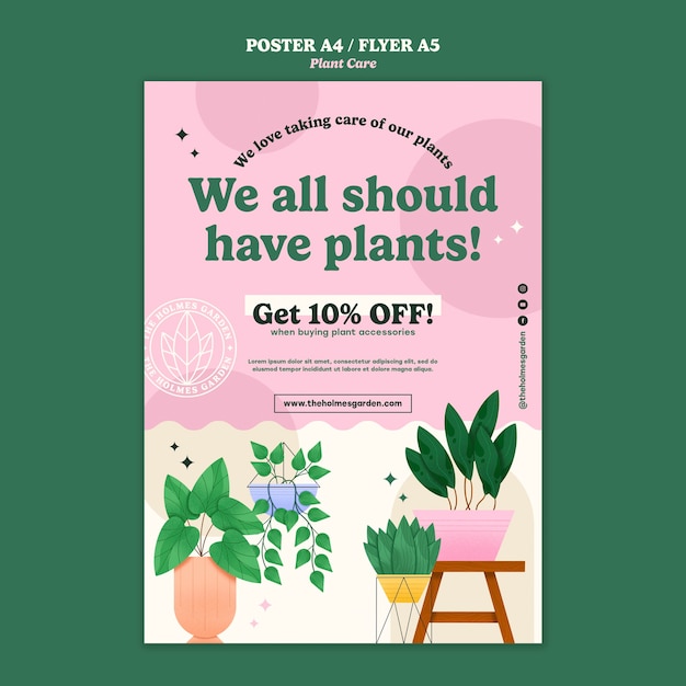 PSD cuidando la plantilla de póster de plantas.