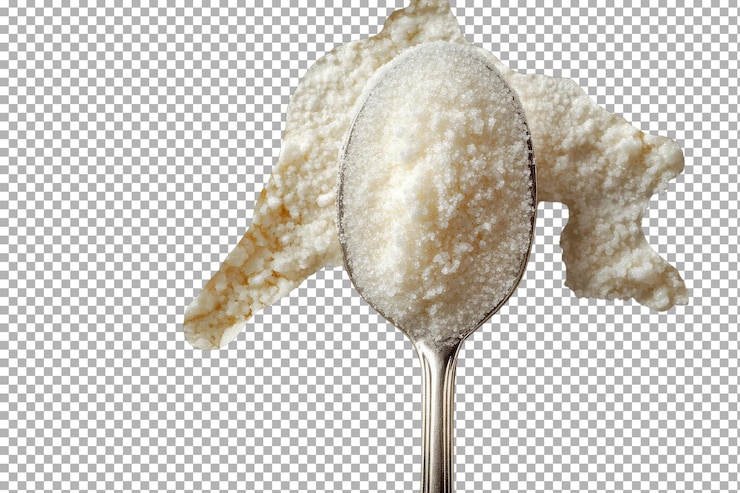 PSD une cuillère d'argent berçant du sucre granulé sur un fond de surface blanche texturée