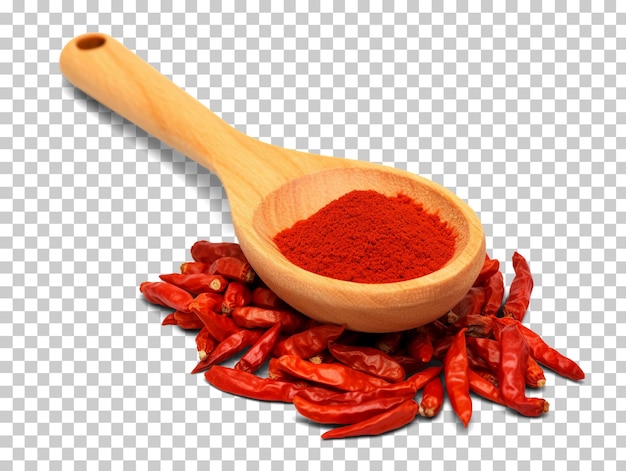 Une cuillère en bois remplie de piment rouge brûlant isolée sur un fond transparent png psd