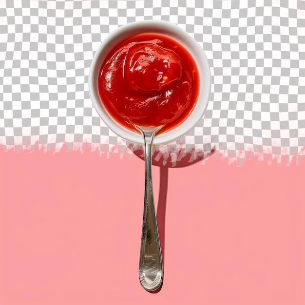 PSD une cuillère avec du ketchup est dans un bol avec un fond rouge