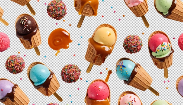 Des cuillères de crème glacée colorée surmontées de bonbons