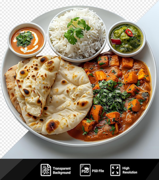 PSD cuisine indienne transparente servie sur un fond transparent avec du riz blanc et un petit bol blanc png psd