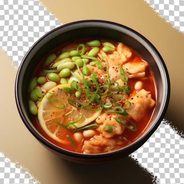 Cuisine Japonaise Soupe De Kimchi Chaude Et épicée Avec Tofu, Poireau, Edamame Et Algues Dans Un Bol Isolé Sur Un Fond Transparent Nourriture Traditionnelle Asiatique