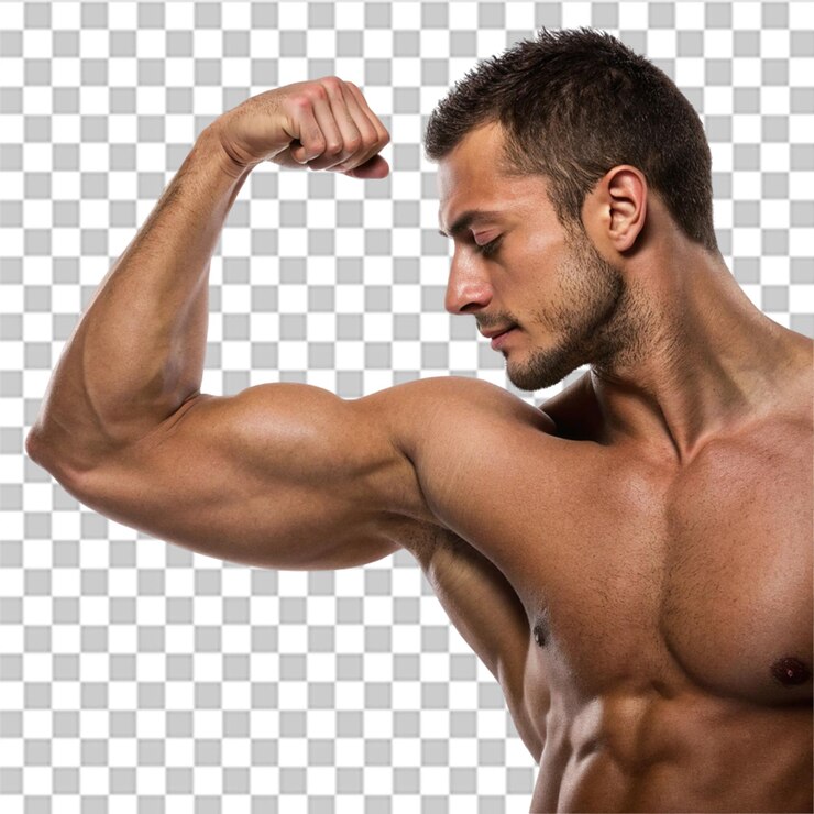 PSD un culturiste musclé montrant des biceps isolés sur un fond transparent