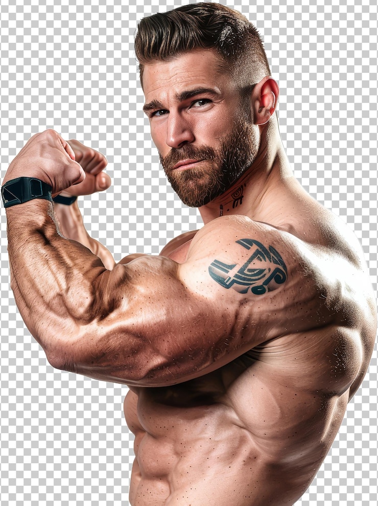PSD un culturiste musclé montrant des biceps tranchés transparents.