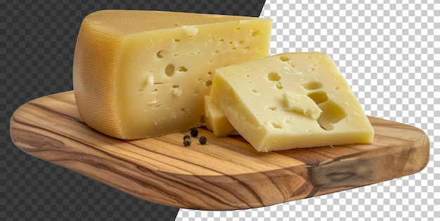 PSD una cuña de queso está en una tabla de cortar de madera.