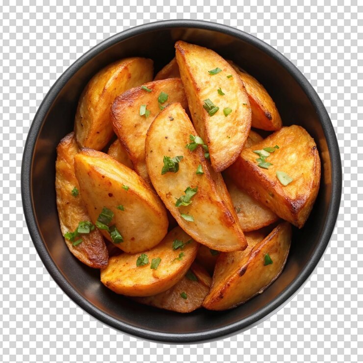 Cuneo di patate in ciotola nera isolato su sfondo bianco