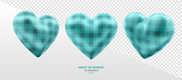 Cuore blu in 3d render in diverse prospettive con sfondo trasparente