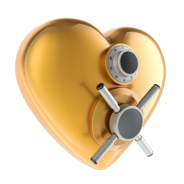 Cuore d'oro con chiusura a combinazione di sicurezza rendering 3D isolato su sfondo trasparente