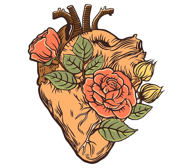Cuore umano Illustrazione vettoriale di un cuore umano con fiori di rosa colori liberi