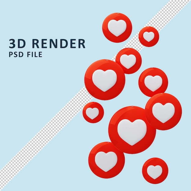 Cuori rossi volanti come in linea Concetto di social network Like e Heart icon 3D Render Premium Psd