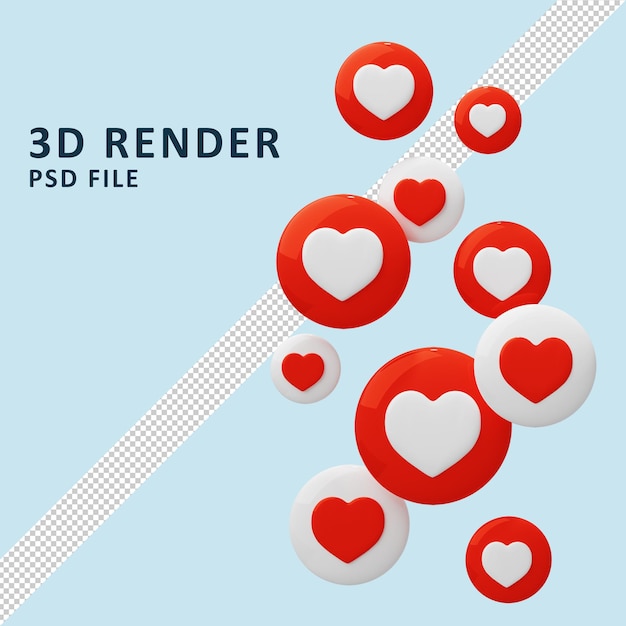 Cuori rossi volanti come in linea Concetto di social network Like e Heart icon 3D Render Premium Psd