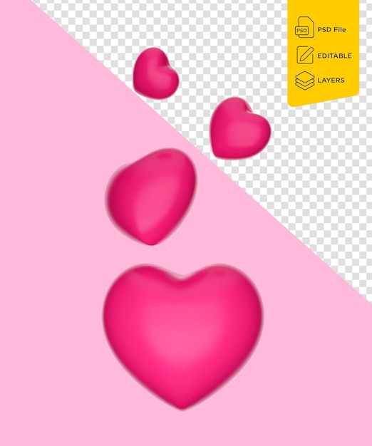 Cuori volanti di colore rosa lucido 3d isolati su sfondo rosa tenue illustrazione 3d