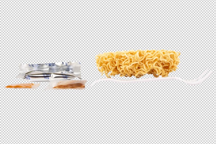 PSD cup of instant noodles condiments plastic forks on white background