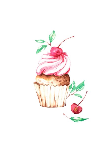 PSD cupcake à aquarela desenhado à mão ilustração alimentar cupcake com cerejas