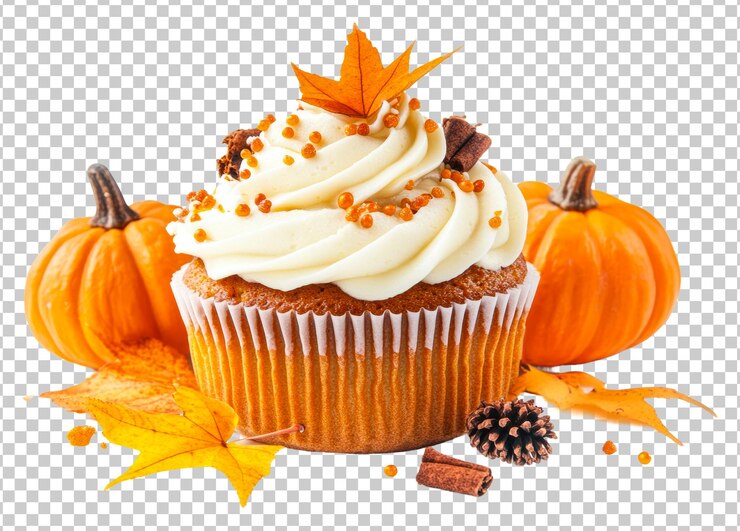 PSD cupcake autunnale colorato con zucche e foglie isolate su uno sfondo trasparente