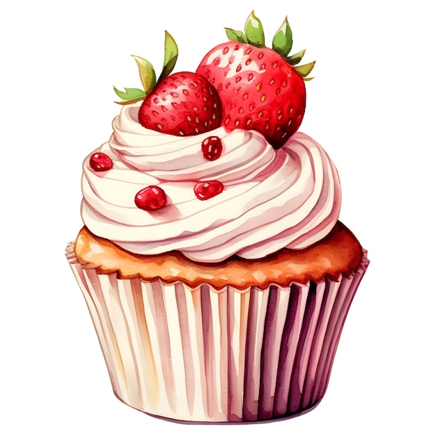 PSD cupcake aux fraises aquarelle