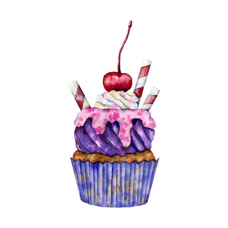 PSD cupcake com cobertura branca roxa e rosa decorada com cereja fresca e tubos de caramelo listrado