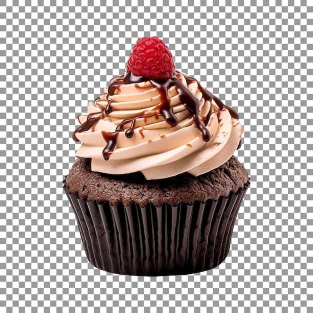 Cupcake com cobertura de chocolate e chocolate derretido em fundo transparente