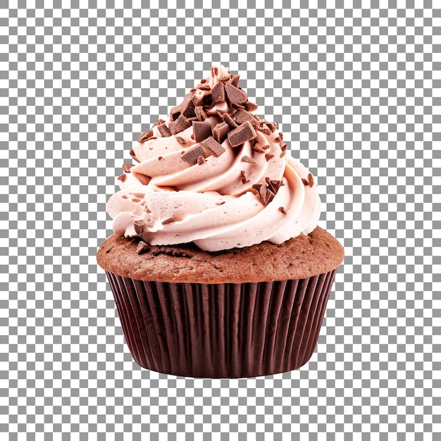 Cupcake com cobertura de chocolate e chocolate derretido em fundo transparente