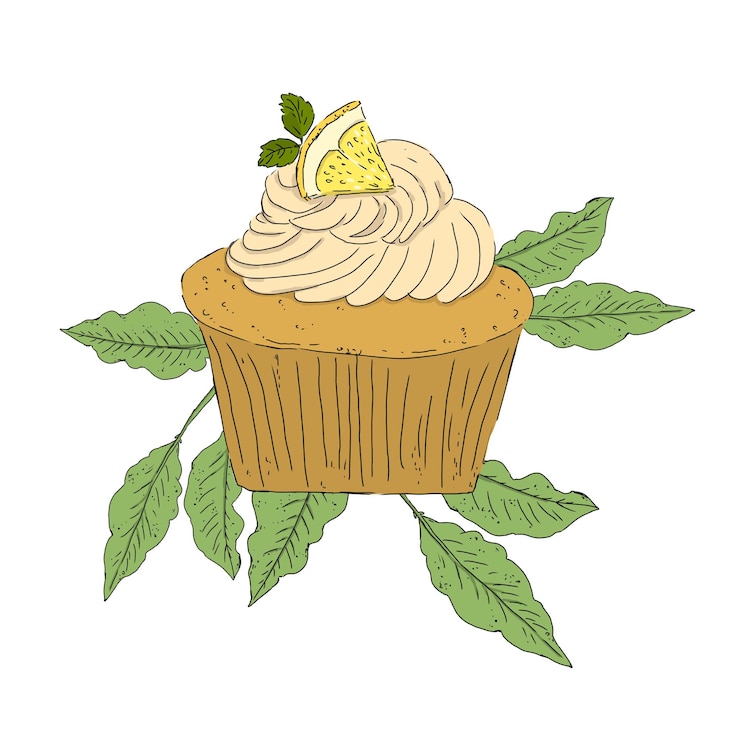 PSD cupcake com creme e fatia de limão em fundo com galhos e folhas ilustração de cor verde