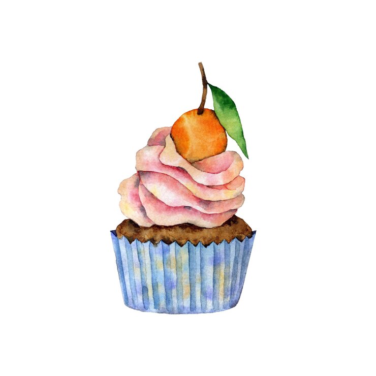 PSD cupcake com creme rosa exuberante e fruta de laranja marcipão em um galho com uma folha em fundo branco