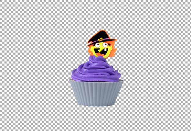 Cupcake con crema viola in forma grigia con decorazioni di streghe isolate