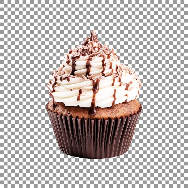 Cupcake con glassa al cioccolato e cioccolato fuso su sfondo trasparente