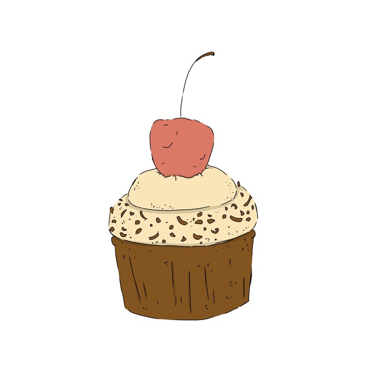 PSD cupcake avec de la crème à la vanille et des chips de chocolat décorées d'une illustration numérique de couleur cerise