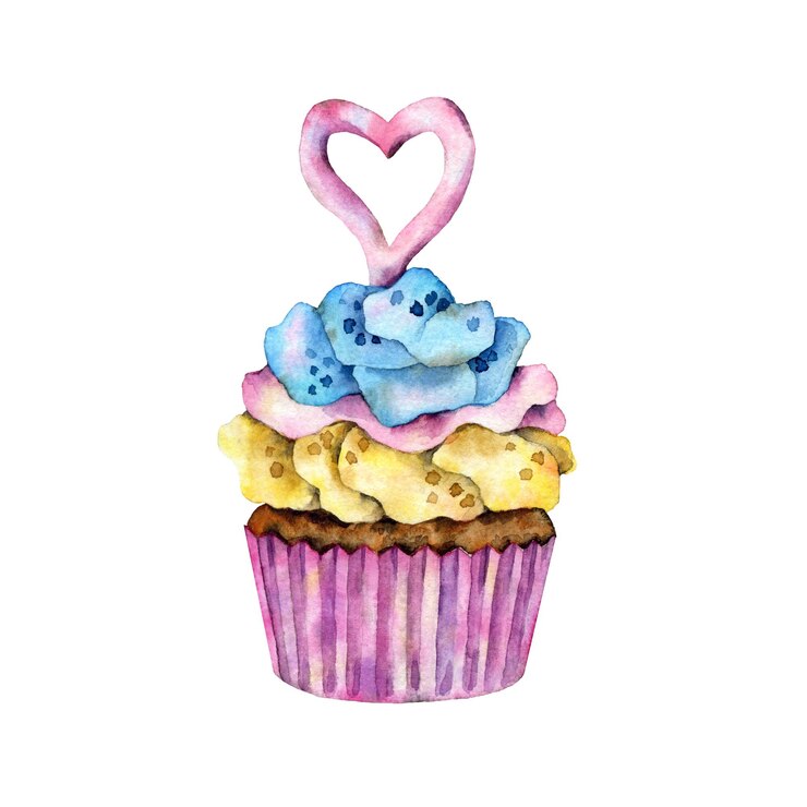 PSD cupcake de chocolate com creme amarelo-rosa e azul e coração de caramelo rosa em fundo branco