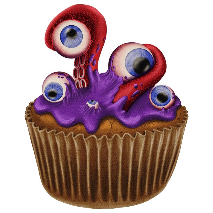 PSD cupcake de halloween com tentáculos de polvo e fundo isolado de olhos azuis