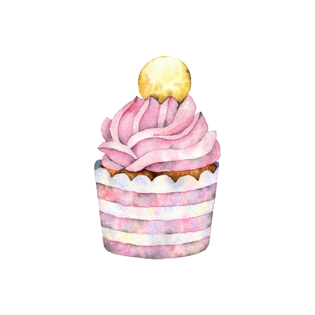 Cupcake em um molde de papel com listras brancas e cor-de-rosa com creme rosa decorado com uma bola dourada