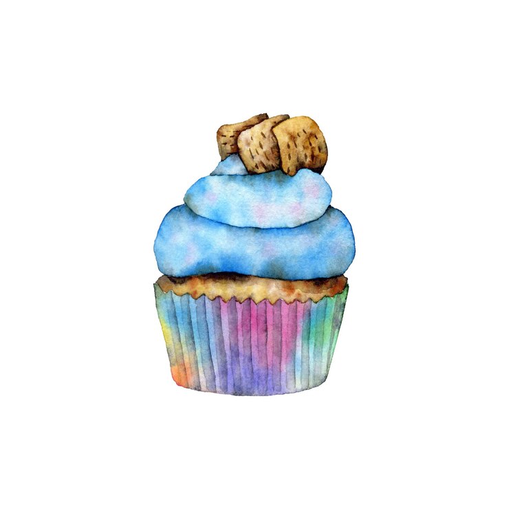 PSD cupcake em uma lata de papel arco-íris com creme azul e almofadas de café da manhã em aquarela de fundo branco