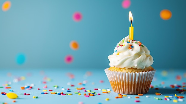 Cupcake fatto in casa con una candela sullo sfondo blu del tavolo