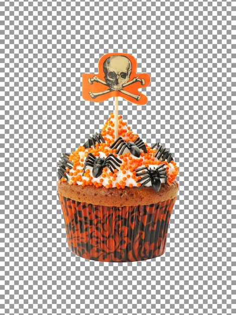 PSD cupcake de halloween con una calavera y una araña en un fondo transparente