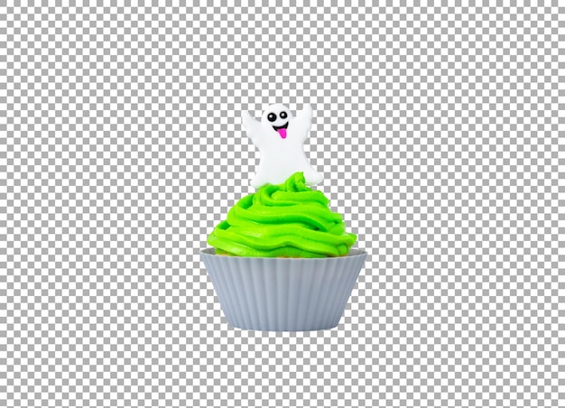 Cupcake d'Halloween isolé avec crème verte et fantôme