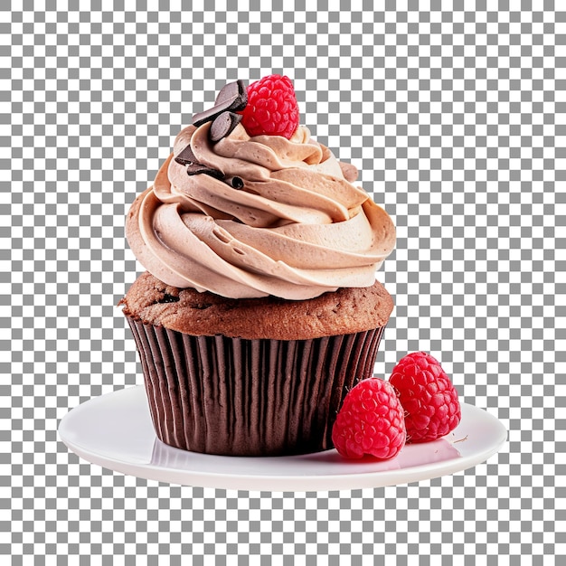 Cupcake mit Schokoladenglasur und einer Himbeere auf transparentem Hintergrund