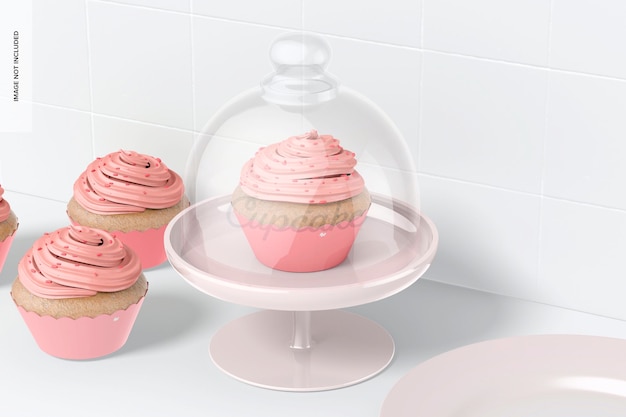 PSD cupcake-ständer mit kuppeldeckelmodell, perspektive