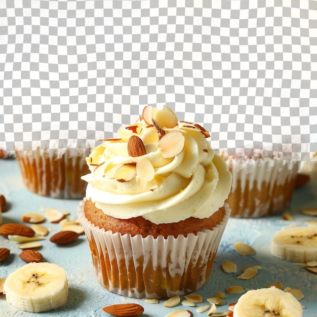 PSD a cupcake with almonds and bananas on a table