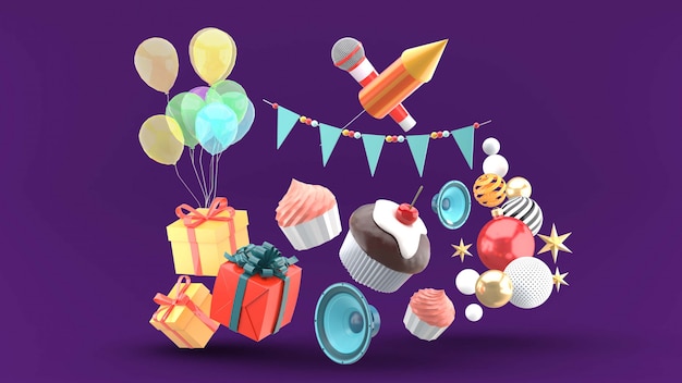 Cupcakes circondati da scatole regalo, palloncini, altoparlanti, bandiere a forma di spago e schiacciati su un viola