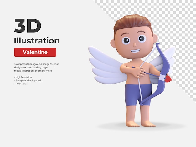 Cupido masculino sosteniendo arco y flecha carácter día de san valentín amor símbolo 3d render ilustración