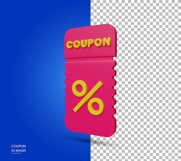 PSD cupón 3d con porcentaje sobre un fondo transparente para descuento de marketing de promoción, etc.