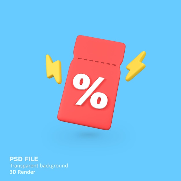 Cupón para ventas con rayo aislado ilustración de icono de renderizado 3D