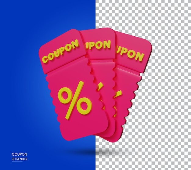 PSD cupones 3d con porcentaje sobre un fondo transparente para descuento de marketing de promoción, etc.