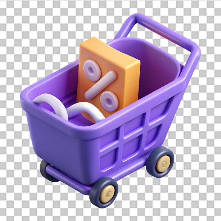 PSD cupones 3d con un signo de porcentaje en un carrito de compras el concepto de obtener un descuento en las compras en la tienda de internet ilustración de marketing digital aislada en fondo púrpura renderización 3d