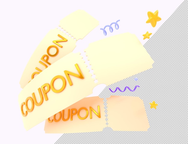 Cupones de oro con confeti volador de espirales y estrellas Entradas para conciertos de cine o festivales con cupones de bordes acanalados para regalo o invitación Cartoon 3d render banner web Ilustración 3D