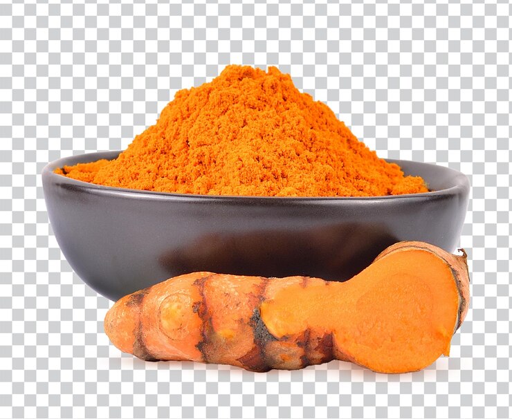 PSD cúrcuma en polvo en un tazón con palitos de cúrcuma aislados en fondo blanco foto premium psd